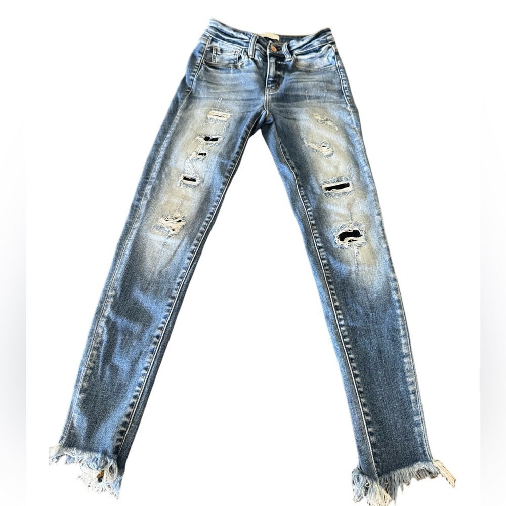 KANCAN Size 2-waist 25 in Destroyed, frayed denim jeans. Red fabric backed holes